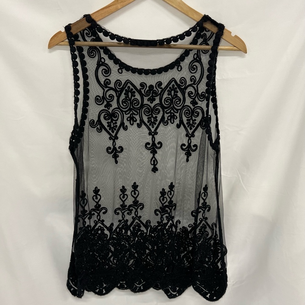 Sheer Appliqué Lace Illusion Blouse Black